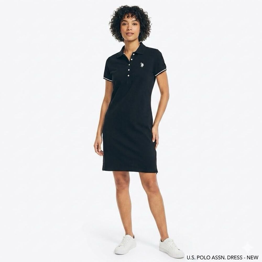 U.S. Polo Assn. Polo Dress Womens Large Black Slim Fit Short Sleeve Cotton Logo